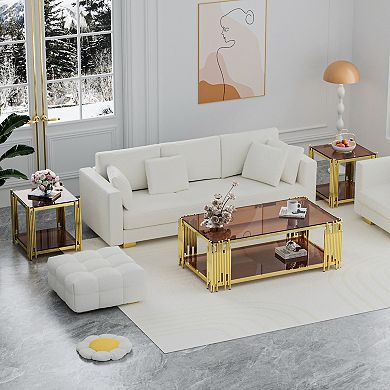 Modern Luxury Gold End Table,19.69" Square Side Table with 8mm Tempered Brown Glass, Two-Tier Design