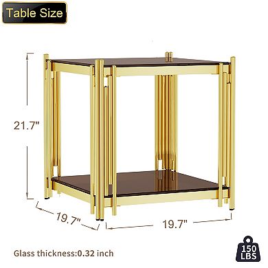Modern Luxury Gold End Table,19.69" Square Side Table with 8mm Tempered Brown Glass, Two-Tier Design