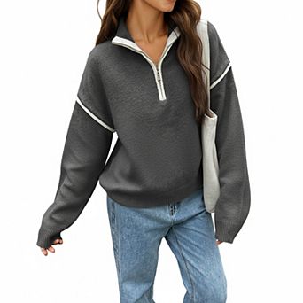 Women's Long Sleeve Pullover Knit Top with Quarter Zip Front Contrast Trim and Ribbed Hem