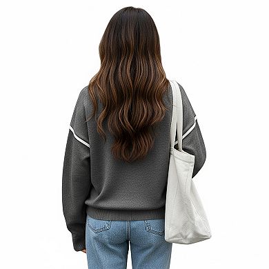 Women's Long Sleeve Pullover Knit Top with Quarter Zip Front Contrast Trim and Ribbed Hem