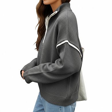 Women's Long Sleeve Pullover Knit Top with Quarter Zip Front Contrast Trim and Ribbed Hem