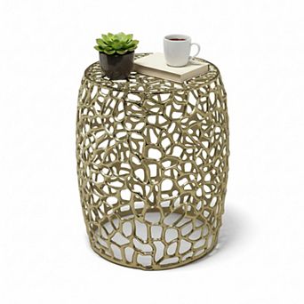 Homy Casa Aluminum Drum End Table with Intricate Mesh Design, Gold