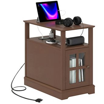 Homy Casa End Table with Charging Station, Narrow Side Table with USB Ports & Storage, Brown