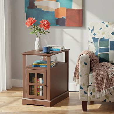 Homy Casa End Table with Charging Station, Narrow Side Table with USB Ports & Storage, Brown