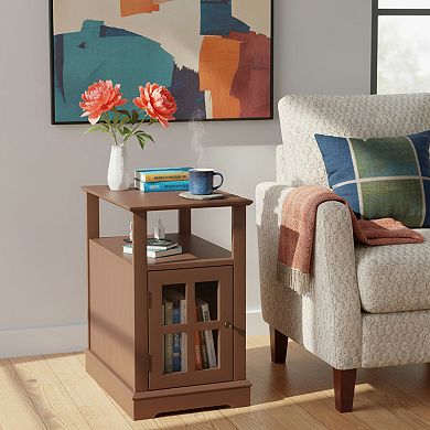 Homy Casa End Table with Charging Station, Narrow Side Table with USB Ports & Storage, Brown