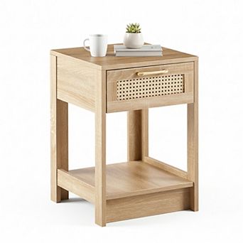 Homy Casa 15.75" Rattan End Table with Drawer, Modern Nightstand for Living Room & Bedroom, Natural