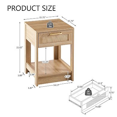 Homy Casa 15.75"W Nightstand with Rattan Drawer and Open Shelf for Bedroom