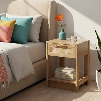 Homy Casa 15.75"W Nightstand with Rattan Drawer and Open Shelf for Bedroom