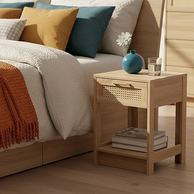 Homy Casa 15.75"W Nightstand with Rattan Drawer and Open Shelf for Bedroom
