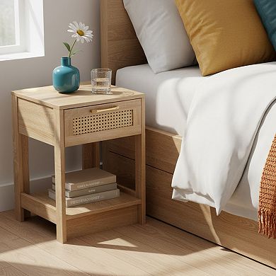Homy Casa 15.75"W Nightstand with Rattan Drawer and Open Shelf for Bedroom