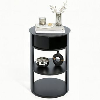 Homy Casa 3 tier Metal Round Side Table with Storage, Matte Black