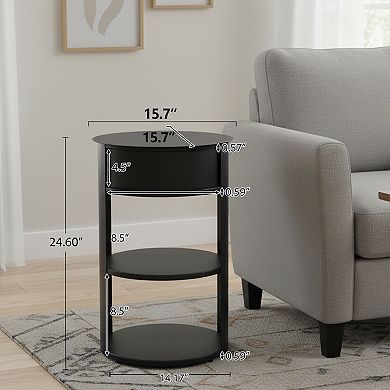 Homy Casa 3-Tier Metal Round End Table with Sliding Door Detail, Matte Black