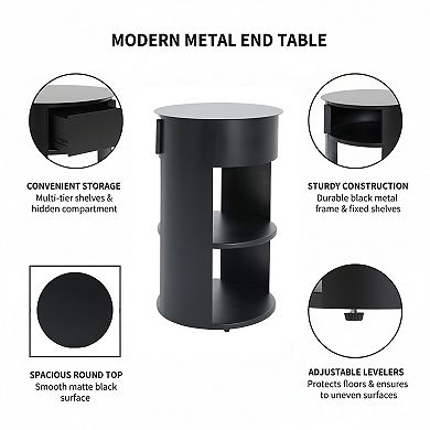 Homy Casa 3-Tier Metal Round End Table with Sliding Door Detail, Matte Black