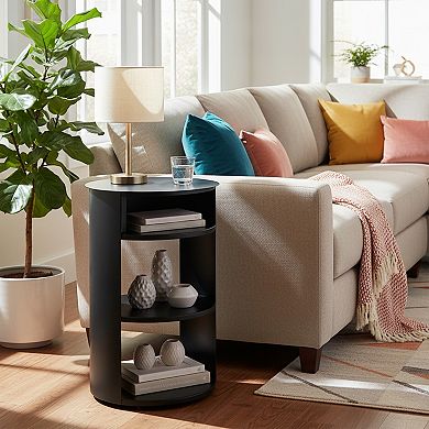 Homy Casa 3-Tier Metal Round End Table with Sliding Door Detail, Matte Black