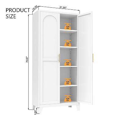 Homy Casa 71" Metal Storage Cabinet with Shaped Doors & Adjustable Shelves, White