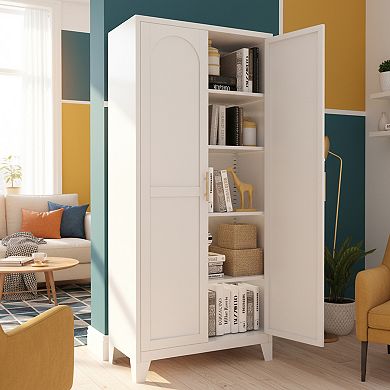 Homy Casa 71" Metal Storage Cabinet with Shaped Doors & Adjustable Shelves, White