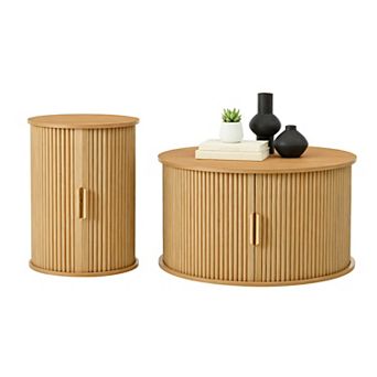 Homy Casa Mid-Century Round Coffee Table & Fluted End Table Set with Storage