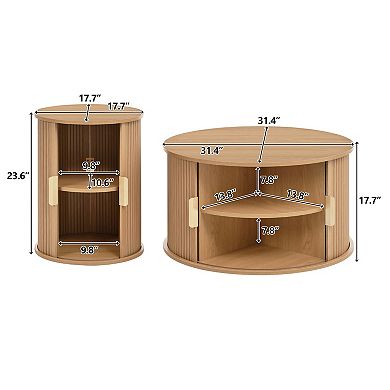 Homy Casa Mid-Century Round Coffee Table & Fluted End Table Set with Storage