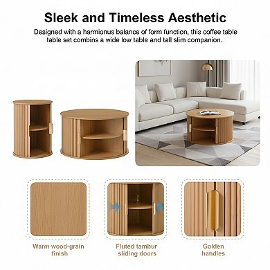 Homy Casa Mid-Century Round Coffee Table & Fluted End Table Set with Storage