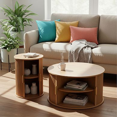 Homy Casa Mid-Century Round Coffee Table & Fluted End Table Set with Storage
