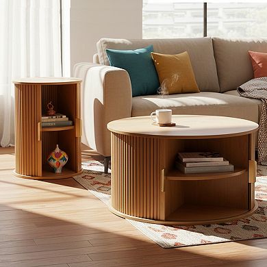 Homy Casa Mid-Century Round Coffee Table & Fluted End Table Set with Storage