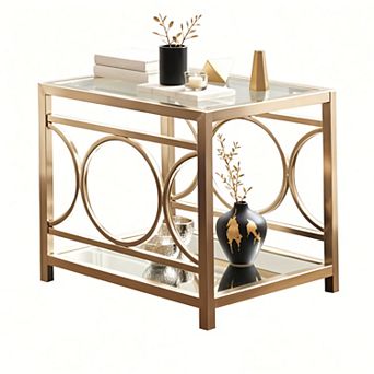 Homy Casa Gold End Table with Glass Top & Mirrored Shelf