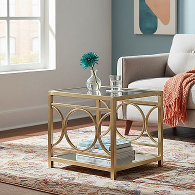 Homy Casa Gold End Table with Glass Top & Mirrored Shelf