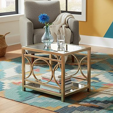 Homy Casa Gold End Table with Glass Top & Mirrored Shelf