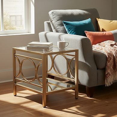 Homy Casa Gold End Table with Glass Top & Mirrored Shelf