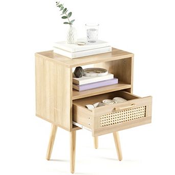 Homy Casa Rattan End Table with Drawer & Solid Wood Legs, Ideal for Bedroom & Living Room, Natural
