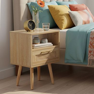 Homy Casa 15.75"W Nightstand with Drawer for Bedroom or Bedside, Compact Rattan Side Table