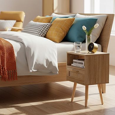Homy Casa 15.75"W Nightstand with Drawer for Bedroom or Bedside, Compact Rattan Side Table