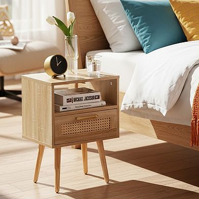Homy Casa 15.75"W Nightstand with Drawer for Bedroom or Bedside, Compact Rattan Side Table
