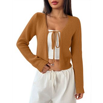 Women's Tie-Front Cardigan Shrug Sweater Long Sleeve V-Neck Lightweight Knit Tops