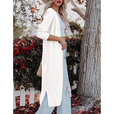 Women's Long Open Front Cardigan Maxi Knitted Sweater Coat with Side Slits