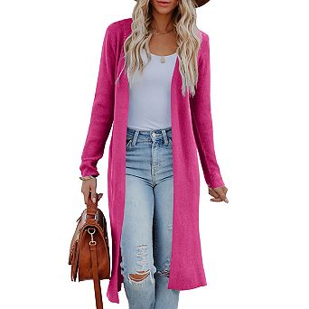 Women's Long Open Front Cardigan Maxi Knitted Sweater Coat with Side Slits
