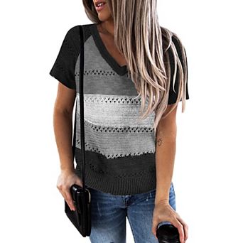 Womens Short Sleeve Sweater Tops V Neck Knit Shirt Lightweight Fall Crochet Trendy Soft Tee