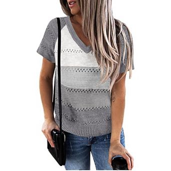 Womens Short Sleeve Sweater Tops V Neck Knit Shirt Lightweight Fall Crochet Trendy Soft Tee