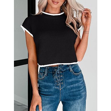 Women's Ribbed Knit Vest Round Neck Pullover Sweaters Sleeves and Contrast Trim Top