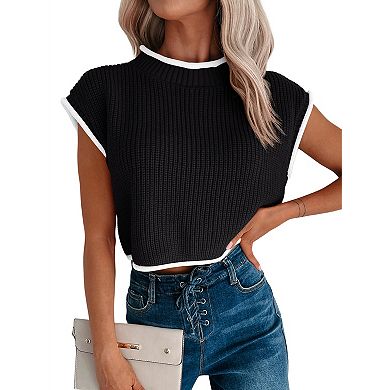 Women's Ribbed Knit Vest Round Neck Pullover Sweaters Sleeves and Contrast Trim Top