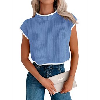 Women's Ribbed Knit Vest Round Neck Pullover Sweaters Sleeves and Contrast Trim Top
