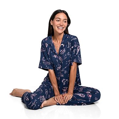 Women's Lilac+London Print Short Sleeve Pajama Top & Pajama Pants Set