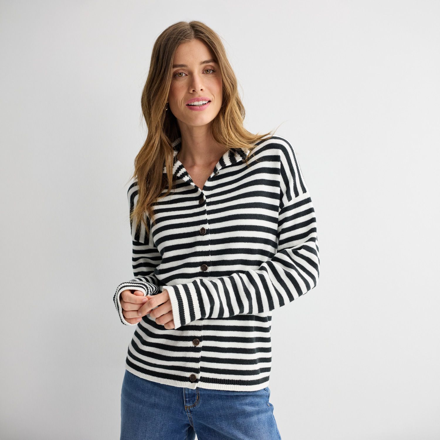 Женский кардиган Sonoma Goods For Life Funnel Neck Sweater Cardigan, цвет: Кремовый чёрный полосатый