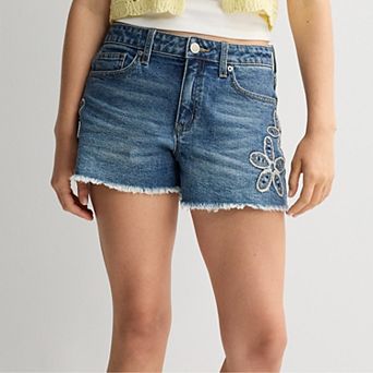 Juniors' Project Indigo Mid-Rise Floral Appliqué Jean Shorts