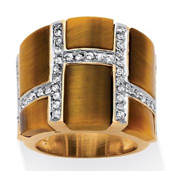 PalmBeach Jewelry .46 TCW Emerald-Cut Tiger's Eye Cubic Zirconia Accent Gold-Plated Ring