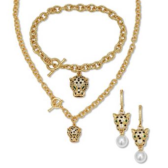 PalmBeachJewelry Marquise Cut Green Crystal Goldtone Link Necklace 3 pc Set, 19 in