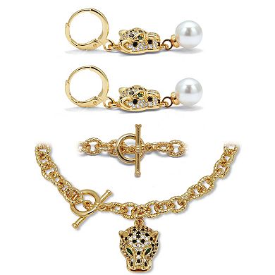 PalmBeachJewelry Marquise Cut Green Crystal Goldtone Link Necklace 3-Piece Set, 19 inches