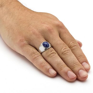 PalmBeach Jewelry Men's Oval Simulated Blue Star Sapphire Ring in Silvertone Sizes 8-16