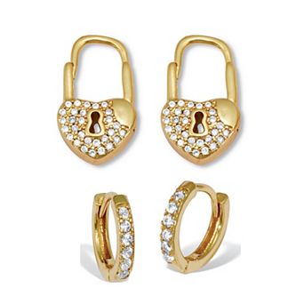 PalmBeach Jewelry Round Crystal Goldtone Heart Lock and Hoop Earrings, 2-Pair Set