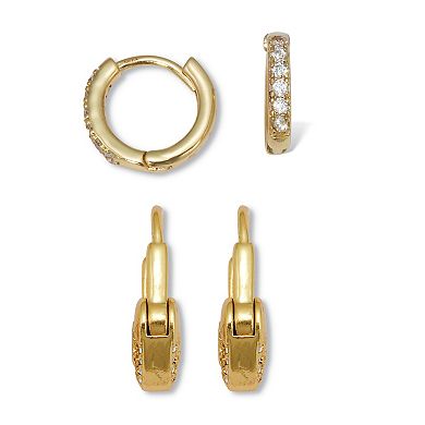 PalmBeach Jewelry Round Crystal Goldtone Heart Lock and Hoop Earrings, 2-Pair Set